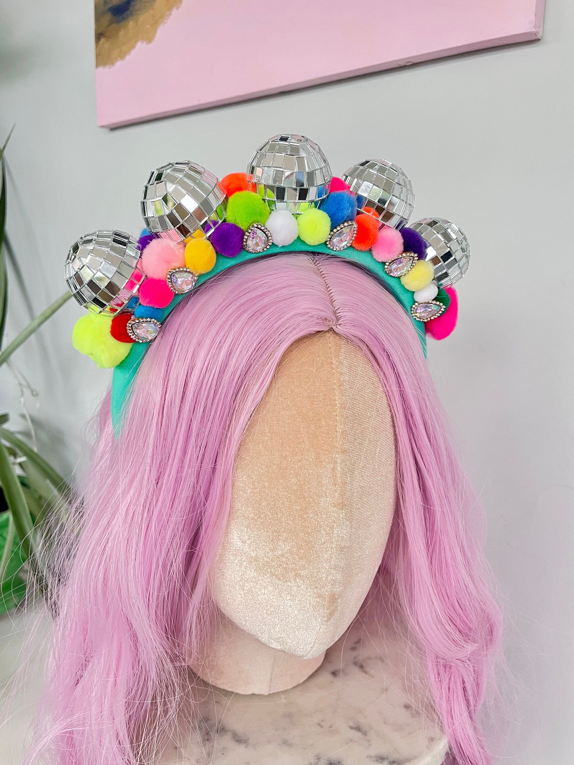 Disco Mirror Ball Multi Coloured Pom Pom Hair Band Headband