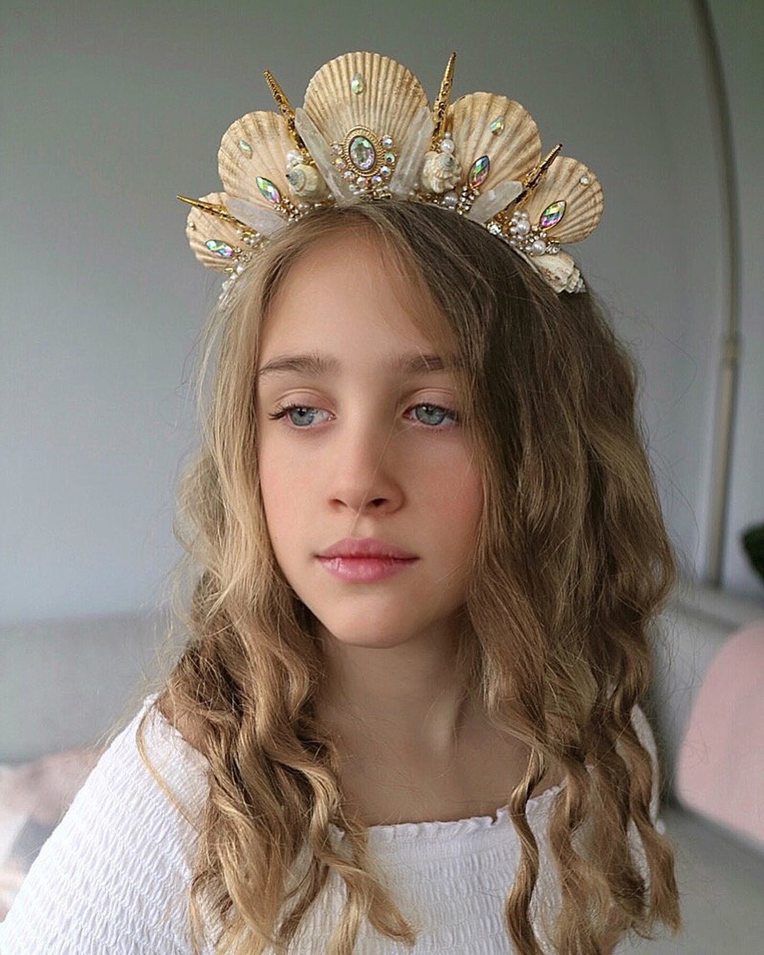 Ivory Gold Crystal Quartz Mermaid Crown Sea Shell Hair Head Alice Band Golden Mermaid Crown Sea Goddess Shell Headpiece Ocean  main image 2