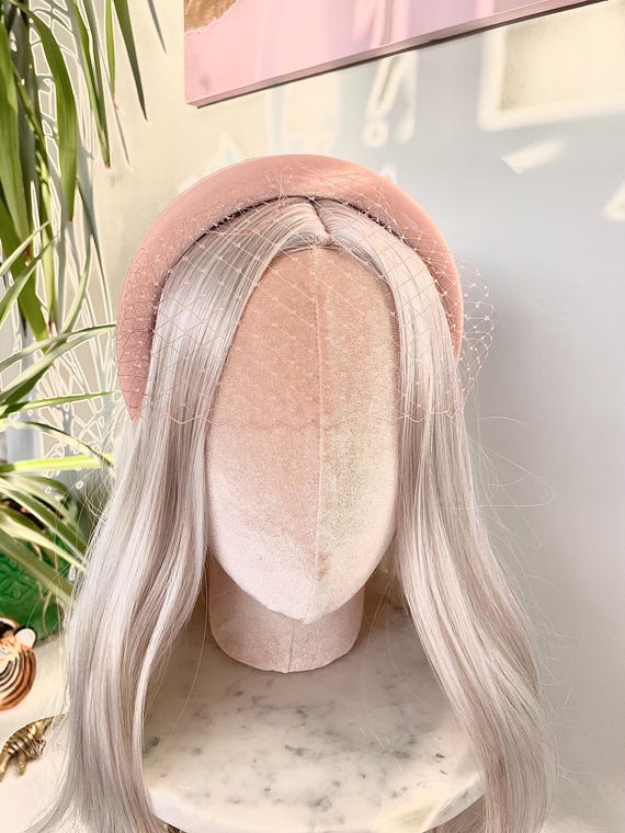 Soft Dusky Pink Birdcage Face Veil Headband Padded Hair Band Velvet Luxe Fascinator Wedding Races Ascot  Party Luxury Millinery