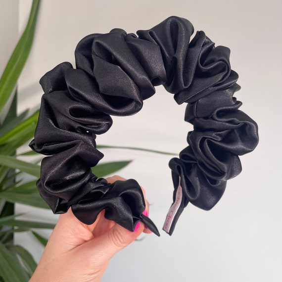 Black Silk Satin Scrunchie Crown Rouched Hair Band Headband Scrunch Ruffle  UK Bride to Be Statement Piece 