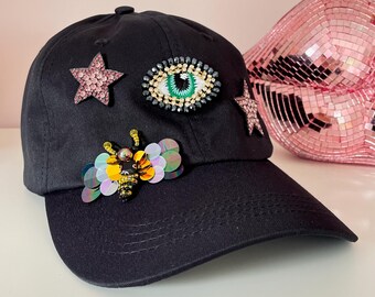 Embellished Navy Cap with Floral and Pearl Accents Flower-adorned Curved Brim Baseball Cap in Navy Blue – Hand  main image 3