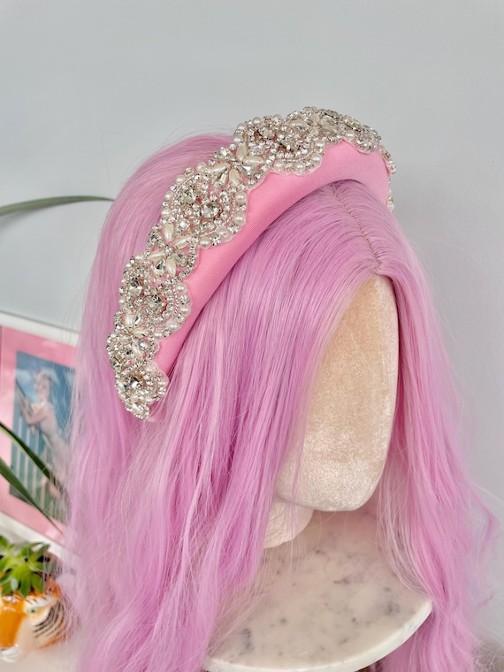 Pink Padded Headband Pearl Rhinestone Crystal Diamond Jewels