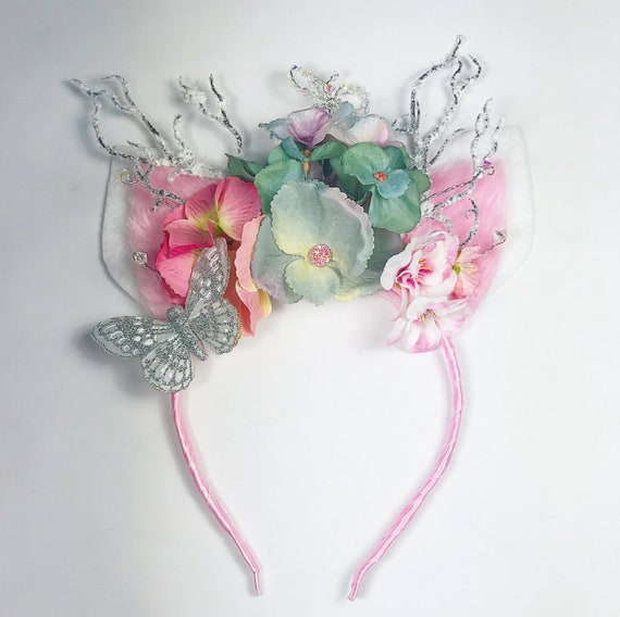 Pink Flower Green Gypsophila Bunny Ears Hair Head Band Easter Choochie Choo Boho