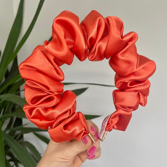 Red Satin Scrunchie Headband Ruffle  wedding Red Silk Headband, Ruched Ruffle Scrunchie Headpiece, PURE  main image 2