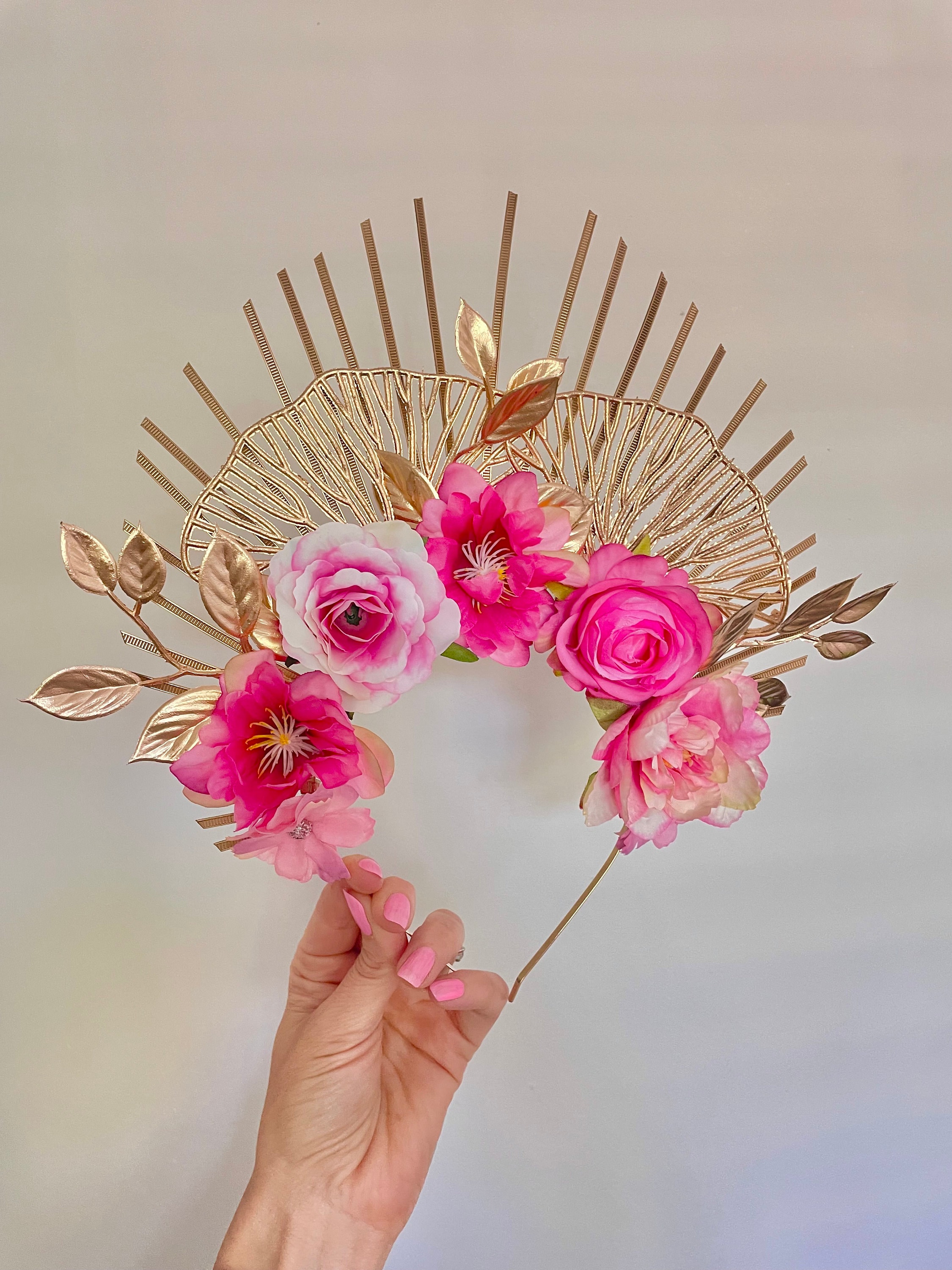 Pink Flower Gold Spike Halo Flower Crown Hair Band Headband Head
