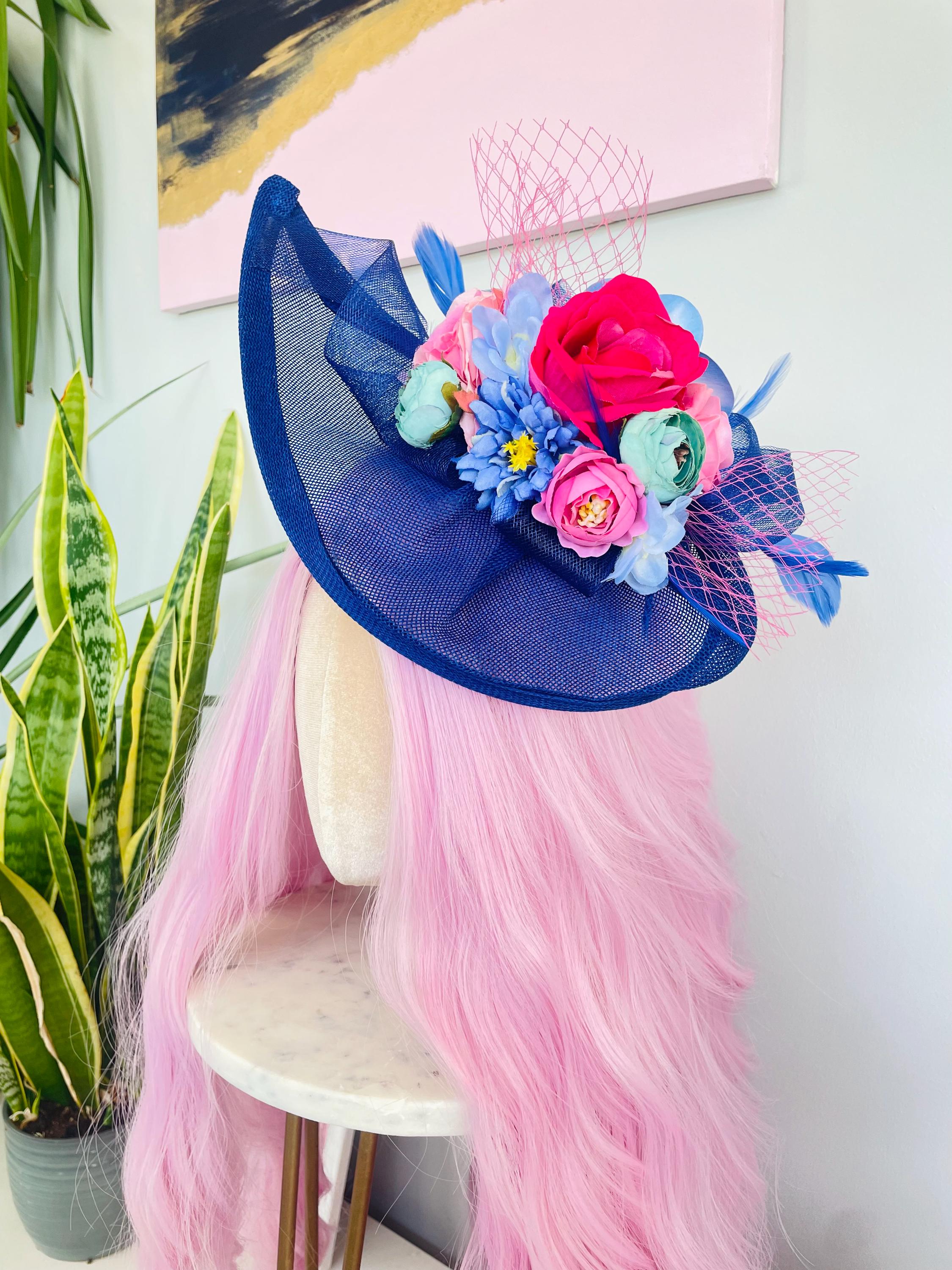New Blue & Hot Pink Ruffled Organza Statement Headwear Fascinator Bright Pink & Navy Blue Fascinator - Etsy main image 2