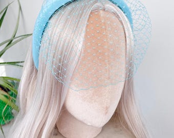 Powder Baby Blue Birdcage Face Veil Headband Padded Hair Band Metallic Luxe Fascinator Wedding Guest Races Ascot Party Luxury Millinery