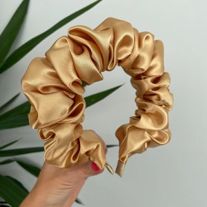 Gold Silk Satin Scrunchie Crown Hair Band Headband Rouched Alice Band UK Wedding Bride To Be Scrunched Ruffle