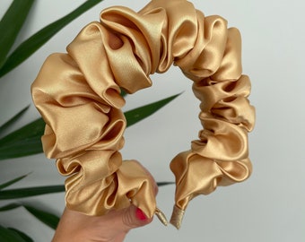Gold Silk Satin Scrunchie Crown Hair Band Headband Rouched Alice Band UK Wedding Bride To Be Scrunched Ruffle
