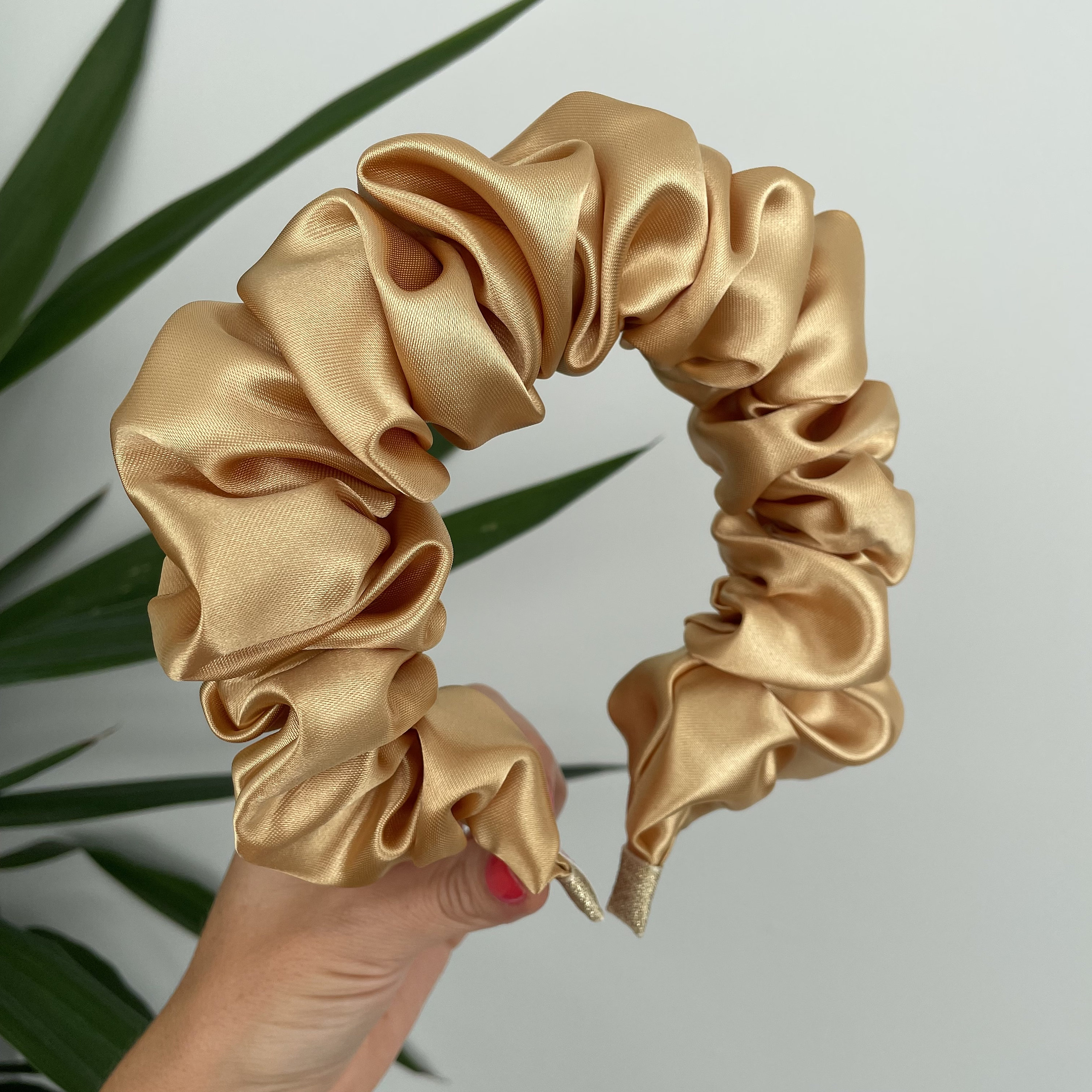 Gold Silk Satin Scrunchie Crown Hair Band Headband Rouched Alice