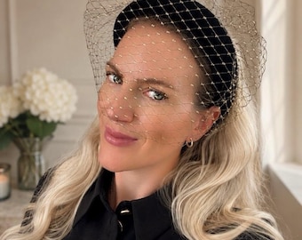Black Gold Birdcage Face Veil Velvet Headband Hair Band Big Fascinator Hat Wedding Races Ascot Cocktail Party Luxury UK