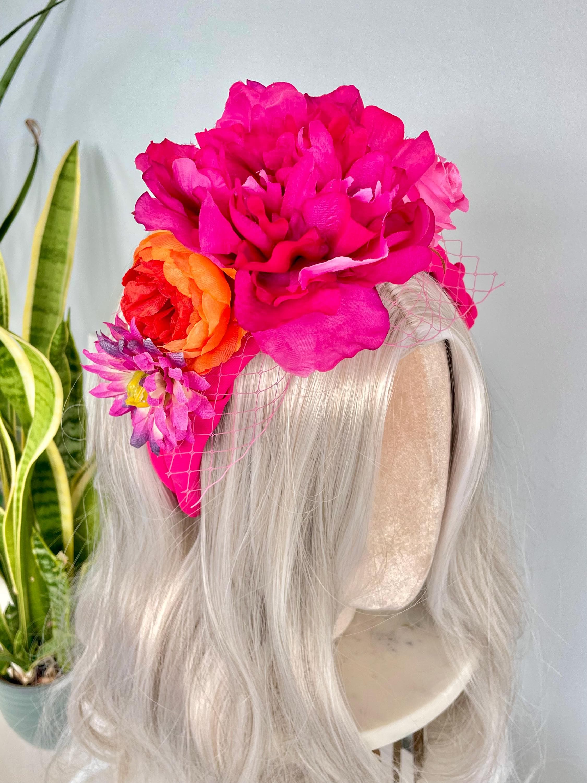 Pink Orange Veil Headband Rose Peony Flower Crown Hair Band  display picture 1