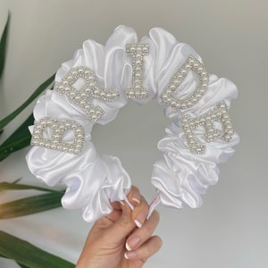 Bride To Be Pearl Diamond White Ruffles Silk Satin Scrunchie Crown Thick Ruched Full Headband Hair Band Veil Tulle Bridal Hen Wedding Party