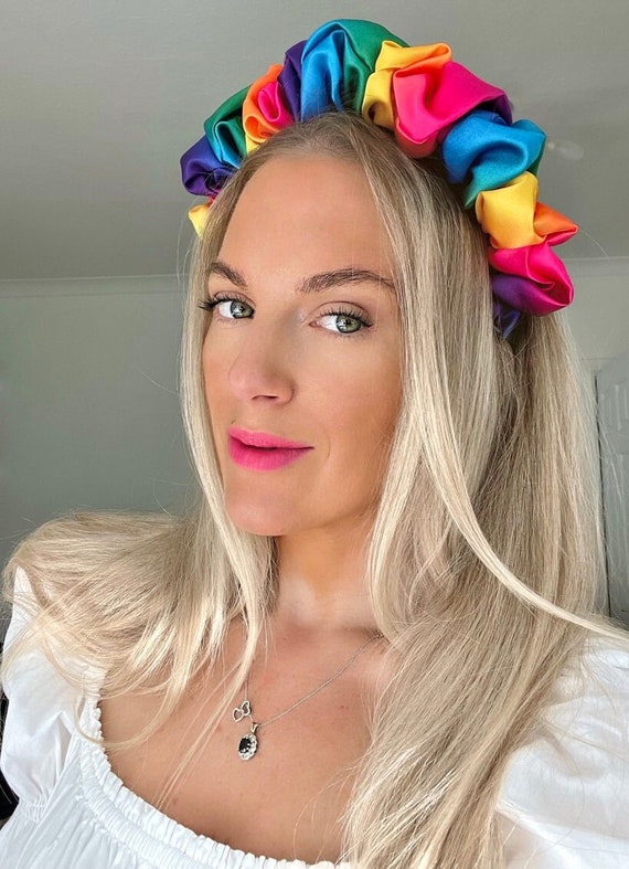 Rainbow Silk Satin Scrunchie Crown Rouched Hair Band Headband Scrunch  Ruffle UK Statement Piece Bright Coloured 