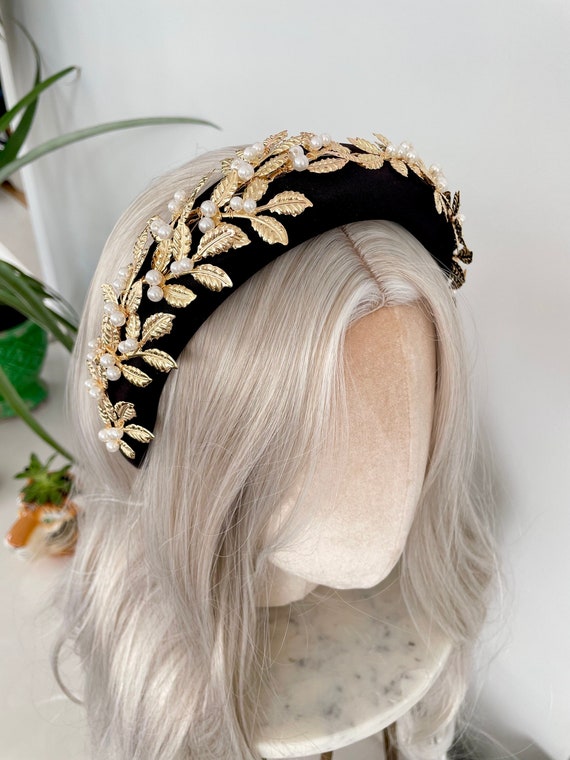 Black Velvet Headband with Gold and Pearl Detail Velvet Pearl Headband Gold Velvet Pearl Knotted Headband  main image 2