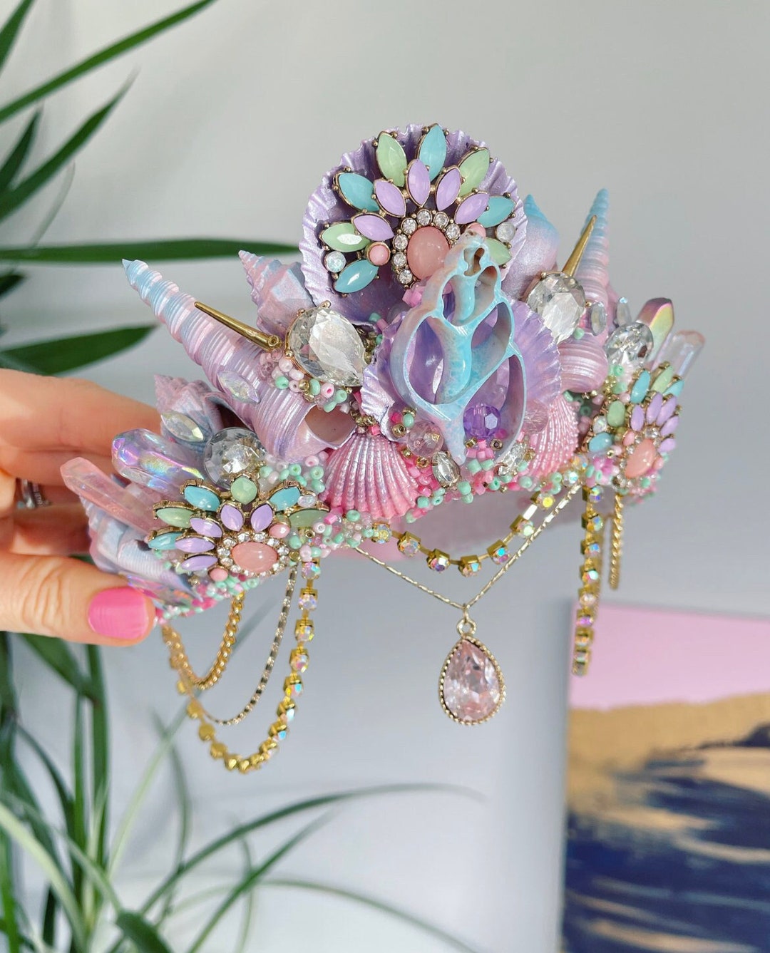Pastel Purple Pink Blue Gold Diamond Jewelled Sea Shell Mermaid