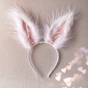 White Fluffy Faux Fur Bunny Rabbit Ears Easter Party Dress Up Hair Band Headband Pink Crushed Velvet Adult UK Cosplay