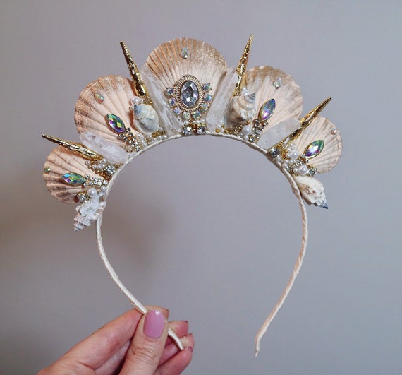 Ivory Gold Crystal Quartz Mermaid Crown Sea Shell Hair Head Alice Band Golden Mermaid Crown Sea Goddess Shell Headpiece Ocean  main image 3