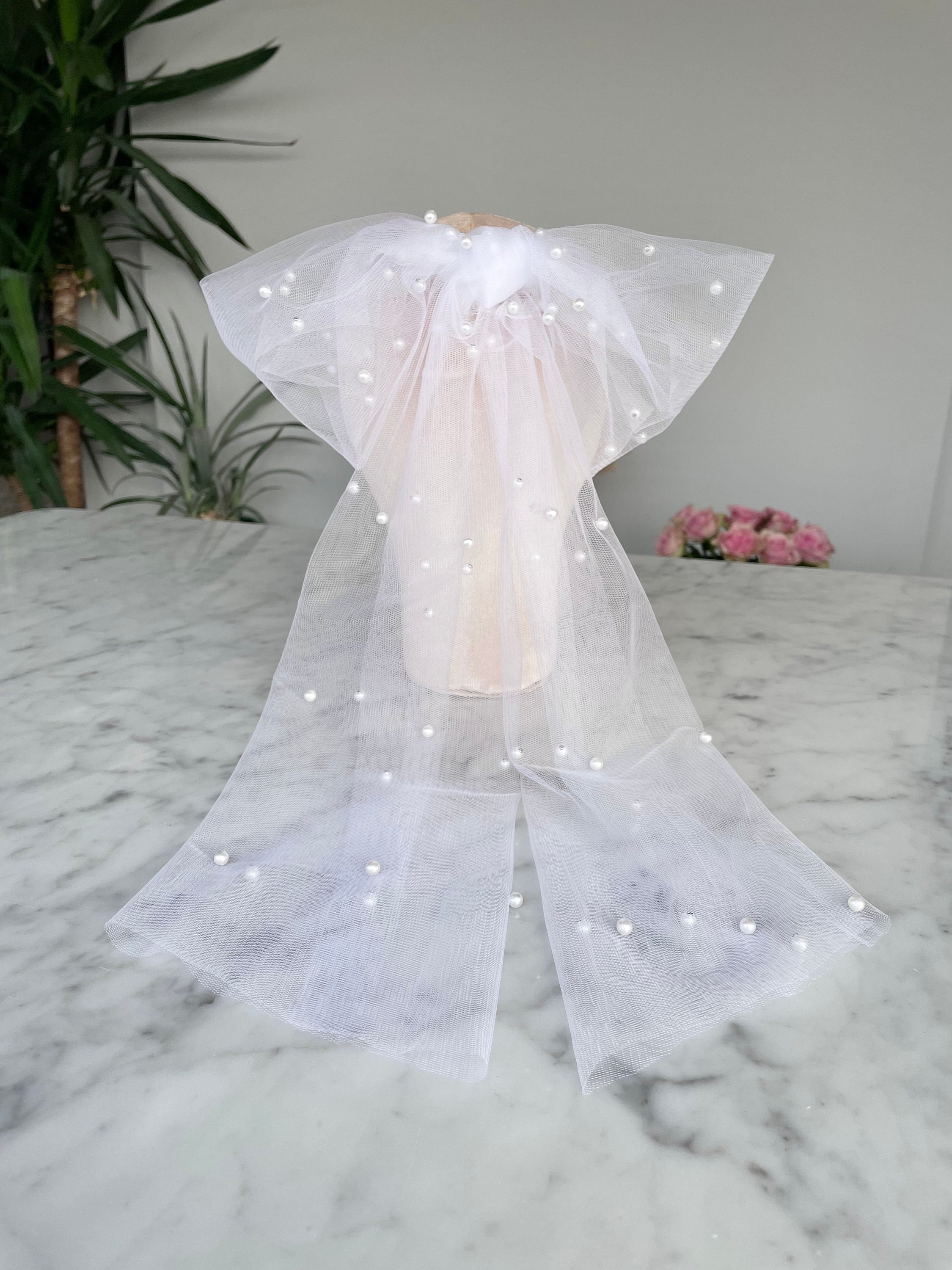 White Beaded Embellished Bride Wedding Large Hair Bow Bridal Hair Bow White Tulle Pearl Handmade – Boncamila  main image 4