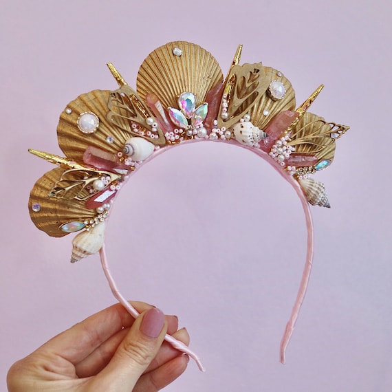 Pink Gold Crystal Quartz Mermaid Crown Sea Shell Hair Head 