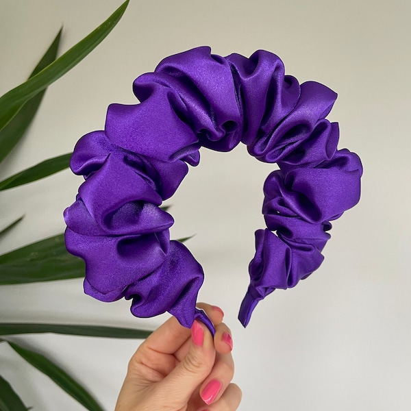 Purple Silk Satin Scrunchie Crown Hair Band Headband Rouched Alice Band UK Wedding Bride To Be Scrunched Ruffle