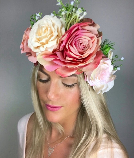 Blue /& Pink Rose Flower Crown Garland Hair Head Band Choochie Choo Hippy Boho