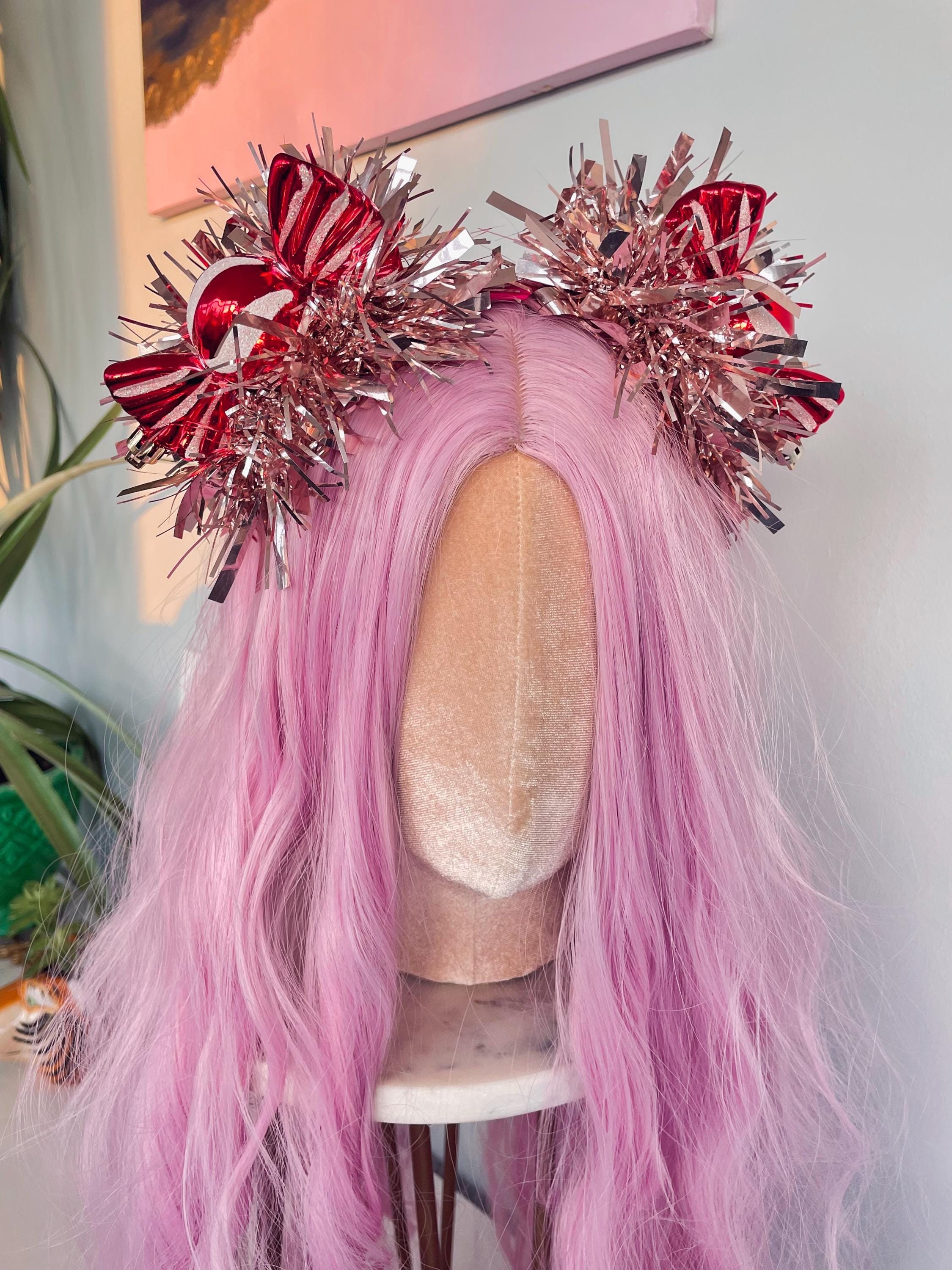 Rose Gold Tinsel rosa rot Sweetie Candy Christbaumkugel Stirnband Haarband Krone Xmas Party Festlicher Fascinator Kopfschmuck