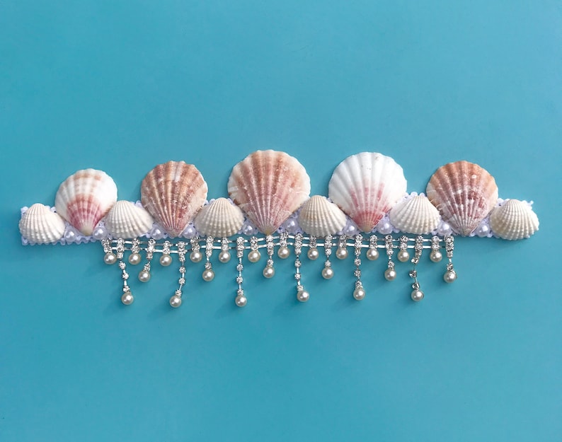 Natural White And Soft Pink Tone Sea Shell Mermaid Dangle Ivory Pearl Crown Hair Band Headband UK image 2