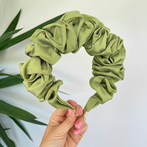 Green Taffeta Silk Satin Scrunchie Crown Hair Band Headband Rouched Alice UK Wedding Bride To Be Scrunched Ruffle