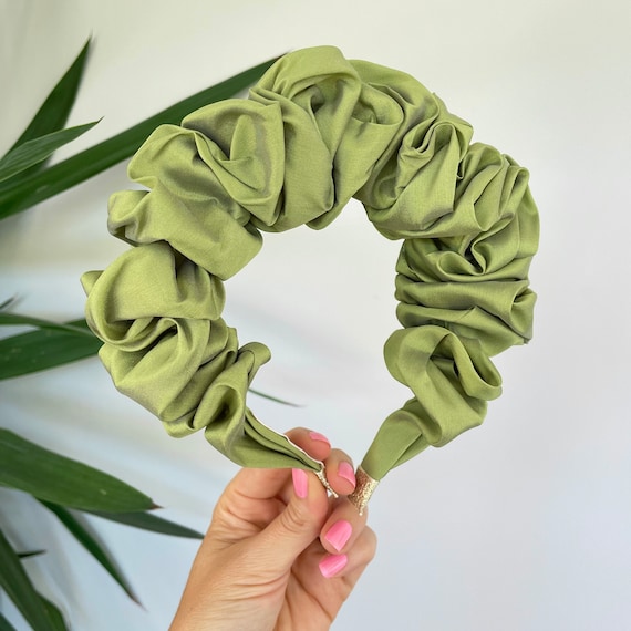 Green Ruffled Satin Headband Green Silk Ruffle Headband - Elasticized Designer Accessory  main image 4