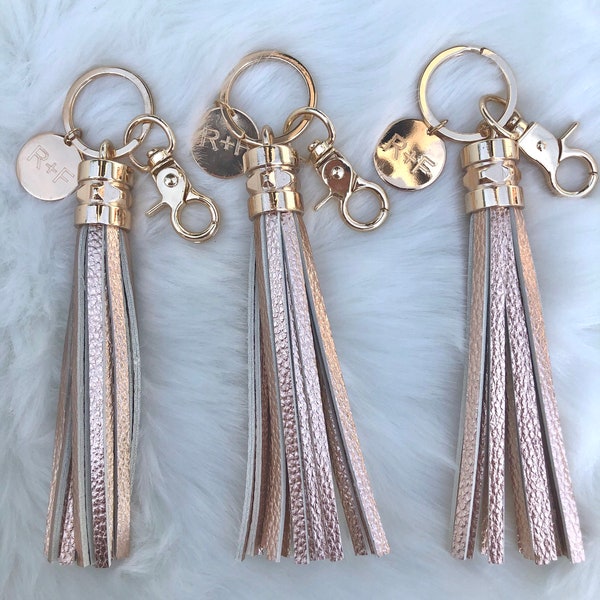 Rodan Fields rose gold silver leather tassel keychain with engraved tag business gift Ready to Ship