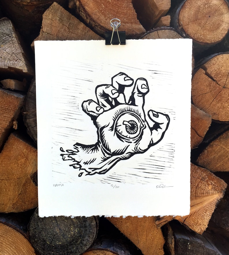 Screaming Hamsa Linocut Print image 1