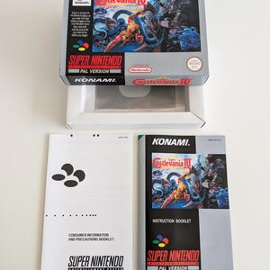 May include: A Super Nintendo Entertainment System game cartridge and instruction booklet for the game Super Castlevania IV. The box art features a character fighting a monster in a dark, gothic setting. The game is licensed by Nintendo and published by Konami.