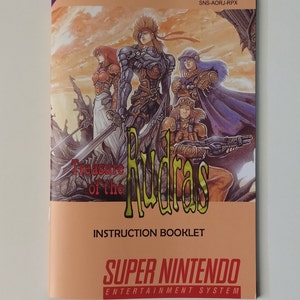 Könnte beinhalten: Ein Super Nintendo Entertainment System-Anleitungshandbuch für das Spiel "Treasure of the Rudras". Das Cover zeigt eine farbenfrohe Illustration von vier Charakteren in einer Fantasy-Umgebung.