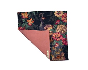 Peacock pocket handkerchief, liberty London, silk, pink, floral, blue