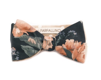 Farfallino Decadent Blooms, bow tie, papillon, seta, cotone liberty, peonie, rose, blu, wedding, papillon self tie, fatto a mano,