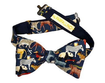 Liberty London Bow Tie for Men – Animal Print on Navy – Handmade Self-Tie Illustrated Bow Tie