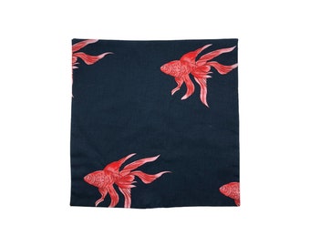 Goldfish double face pocket handkerchief, blue cotton, coral cotton, pocket square, pochette