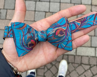 Isadora bow tie, bow tie, bowtie, peacocks, feathers, cyan, blue silk, Christmas gift, preppy, gift, Liberty London, Wedding, marriage