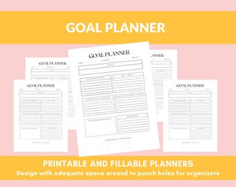 May include: A collection of white printable goal planners with black text. The planners include sections for goals, action steps, potential issues, and rewards. The text "GOAL PLANNER" is at the top of each page. The image also includes the text "PRINTABLE AND FILLABLE PLANNERS".