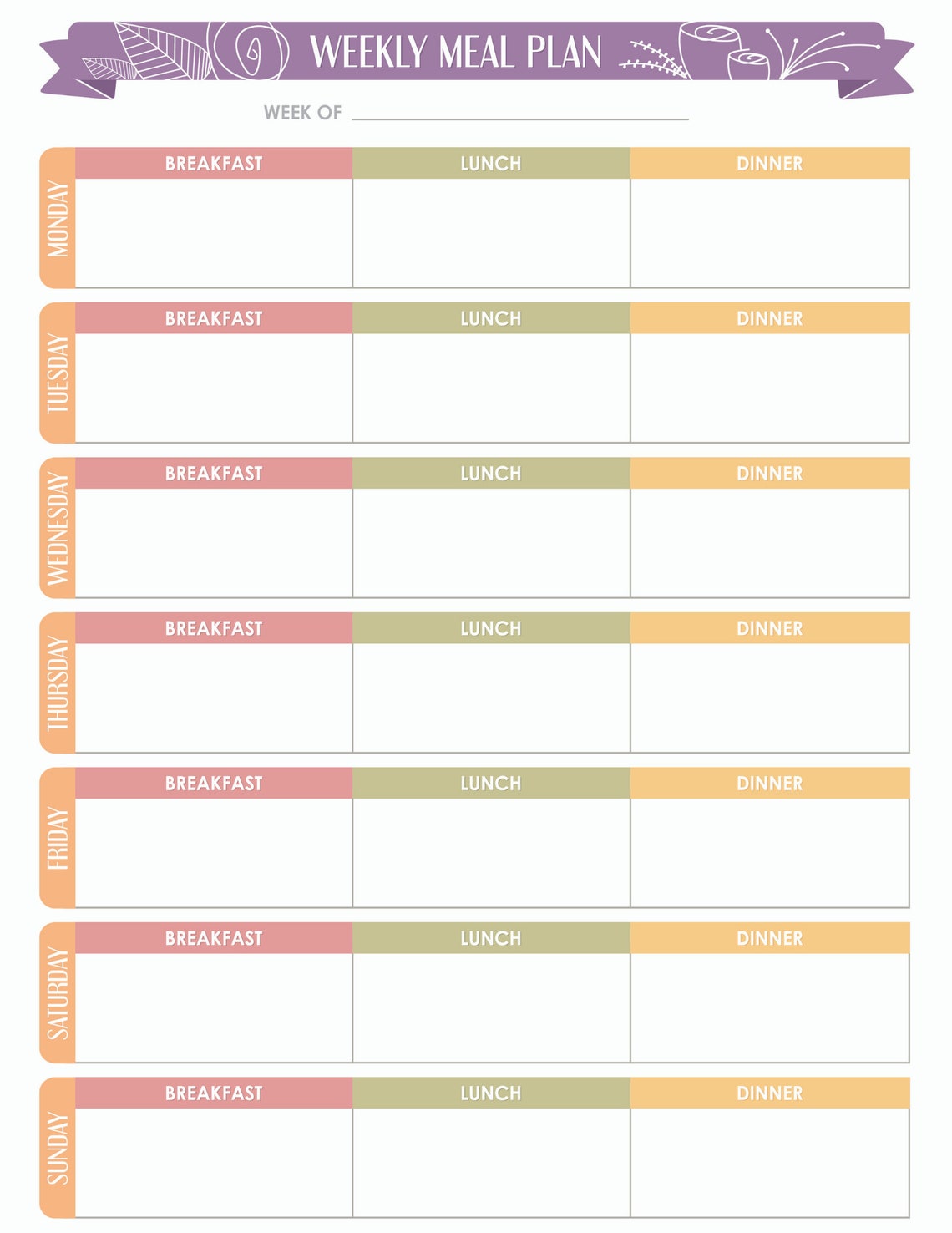 Printable Weekly Meal Planner, Digital Meal Prep Sheet, Weekly Food