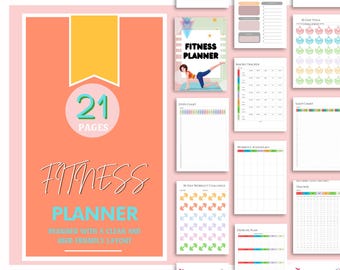 May include: A fitness planner with 21 pages, designed with a clean and user-friendly layout. The cover features the words "Fitness Planner" in a stylish font, with a peach background and a yellow banner. Includes workout, sleep, and macro trackers.