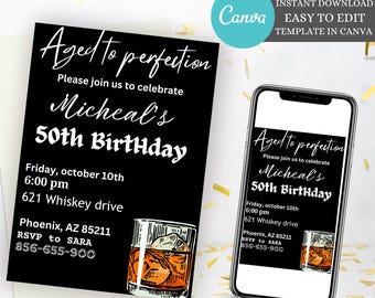 Invitación editable para el 50.° cumpleaños de un hombre, invitación en negro y dorado, invitación para el 50.° cumpleaños de un hombre, invitaciones digitales para cenas de hombres