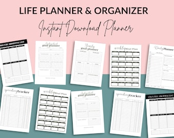 May include: A collection of printable planner pages with the text "LIFE PLANNER & ORGANIZER" and "Instant Download Planner". The pages include sections for grocery shopping lists, individual and yearly goal planning, weekly meal plans, daily planning, and spending trackers. The pages are black and white.