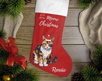 Calico Cat Holiday Stocking Personalized, Christmas Stocking Cats, Tri-Color Cats Owners, Pet Lovers Owners Gift Animal Home Decor 7"x13"