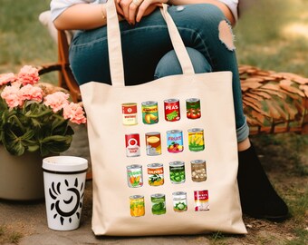 Food Cans Graphic Tote Bag, Canned Food Colorful Unique Bag Cotton Canvas Bag 15"x16" Natural or Black School College