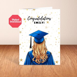 Carte de remise de diplôme personnalisée, carte de voeux imprimable avec nom personnalisé pour personnes âgées, diplômés University College High School classe 2025 blonde