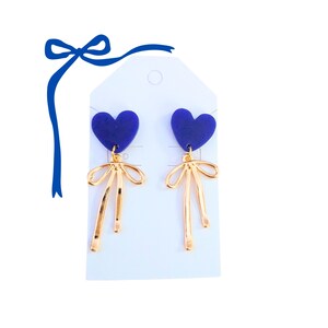 Handmade Gold Bow Dangle Earrings: Acrylic Heart Posts