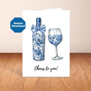 Chinoiserie Wijn Feestkaart Coquette Bloemen Fles Beker Proost Afdrukbare wenskaart voor verjaardag Verjaardag Afstuderen Verloving