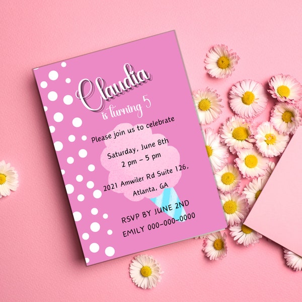 Cotton Candy Birthday Party Invitation Template, Colorful Printable Editable Invite for a Girl's Party Any Age, Cute Candy Pink Festive